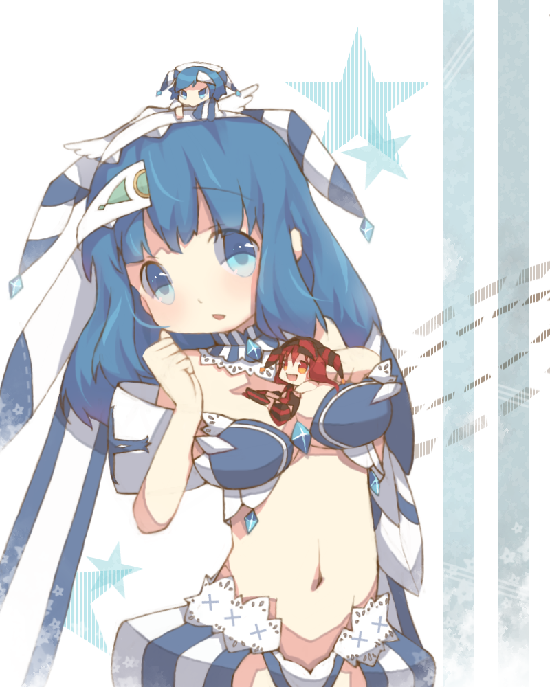 2girls ao_no_repika ao_no_rupika beatmania beatmania_iidx bemani blue_eyes blue_hair chibi chibi_inset hair_ornament kawachi_(hina) multiple_girls navel open_mouth red_eyes red_hair smile star