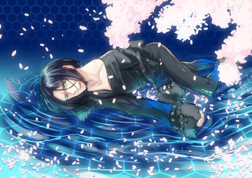 bad_id bad_pixiv_id black_hair cherry_blossoms fate/extra fate_(series) flower julius_belkisk_harway long_hair male_focus partially_submerged petals solo yuzuhiro_(98)