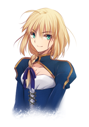 ahoge alternate_hairstyle artoria_pendragon_(all) braid breasts cleavage_cutout corset fate/stay_night fate_(series) green_eyes hair_over_shoulder hair_ribbon lowres puffy_sleeves ribbon saber single_braid small_breasts smile solo tusia