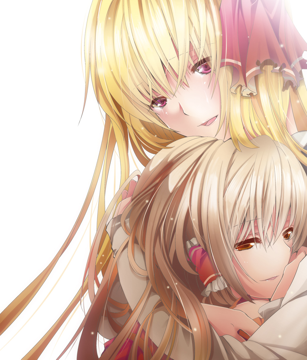 blonde_hair brown_eyes hair_ribbon hair_tubes hakurei_reimu half-closed_eyes hug light_brown_hair light_particles long_hair long_sleeves multiple_girls older open_mouth pink_eyes ribbon rumia simple_background smile tears touhou white_background yanagise younger yuri