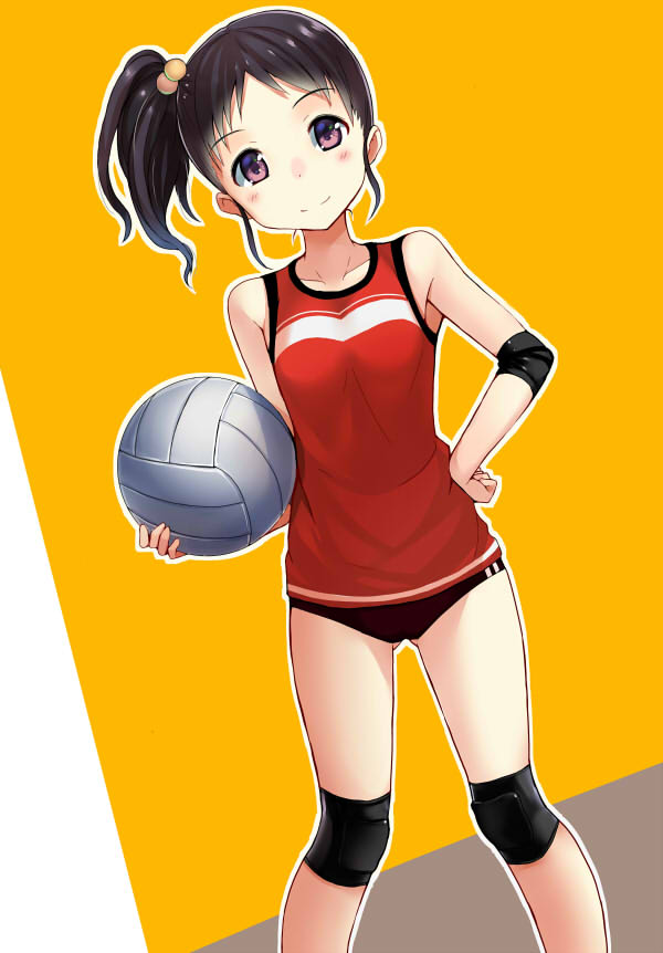 black_hair blush buruma commentary_request elbow_pads hair_bobbles hair_ornament hand_on_hip knee_pads looking_at_viewer mirai_denki original side_ponytail smile solo sportswear volleyball volleyball_uniform