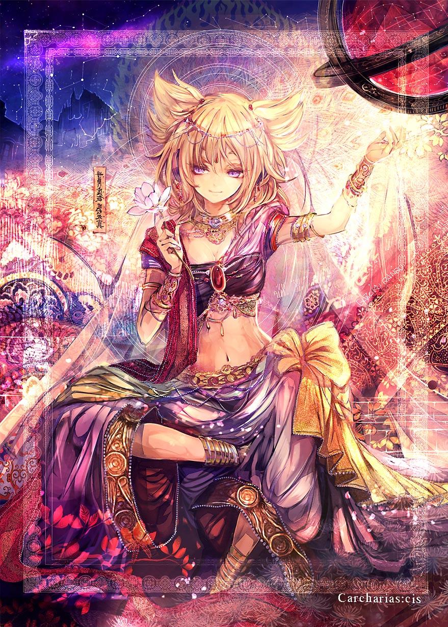 alternate_costume armlet blonde_hair bracer breasts choker cis_(carcharias) cleavage constellation earmuffs flower hair_ornament highres jewelry lotus midriff navel pants purple_eyes short_hair sitting sky small_breasts smile solo touhou toyosatomimi_no_miko veil