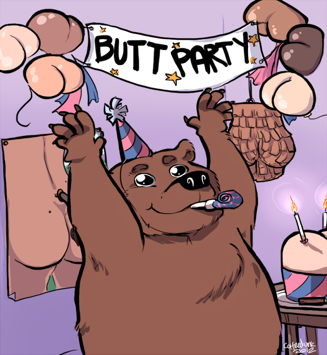 2012 balloon balloons bear brown_fur butt cake candle candles coffeedunk english_text fire flames food fur game happy hat humor knife male mammal nude party party_hat pinata poster sign solo table text weapon what