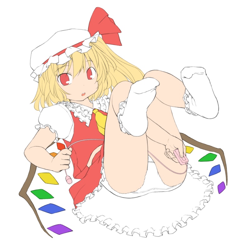 ascot blonde_hair blush dress egg_vibrator feet flandre_scarlet flat_color hat hat_ribbon kasuga_yukihito lying panties pantyshot pantyshot_(lying) red_eyes remote_control_vibrator ribbon short_hair socks solo touhou underwear upskirt vibrator white_panties wings work_in_progress