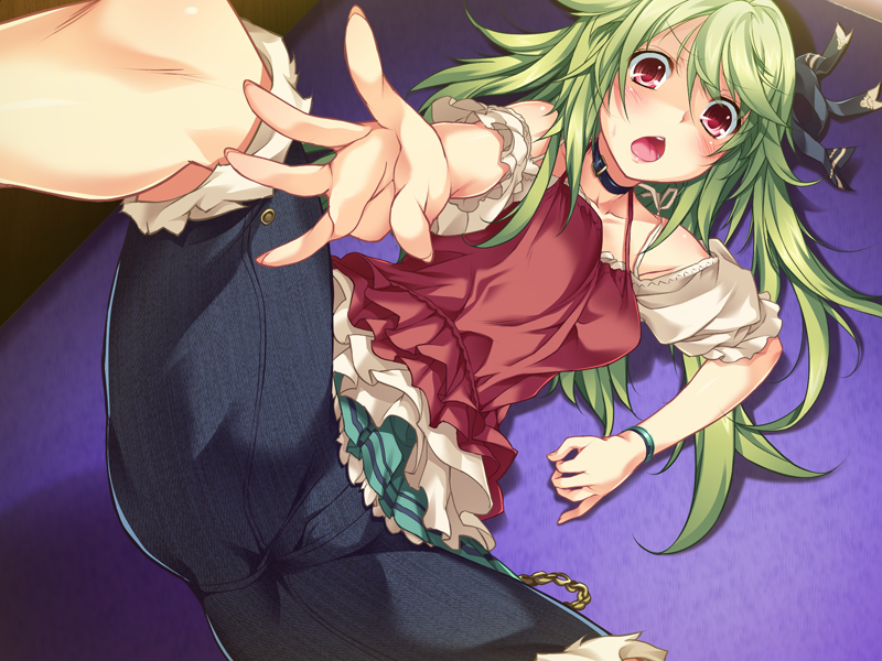 blush breasts denim fingernails game_cg green_hair hair_ornament jeans leg_up legs long_fingernails long_hair looking_at_viewer lying on_side open_mouth pants play!_play!_play!_san red_eyes skirt solo spread_legs thighs wazakita