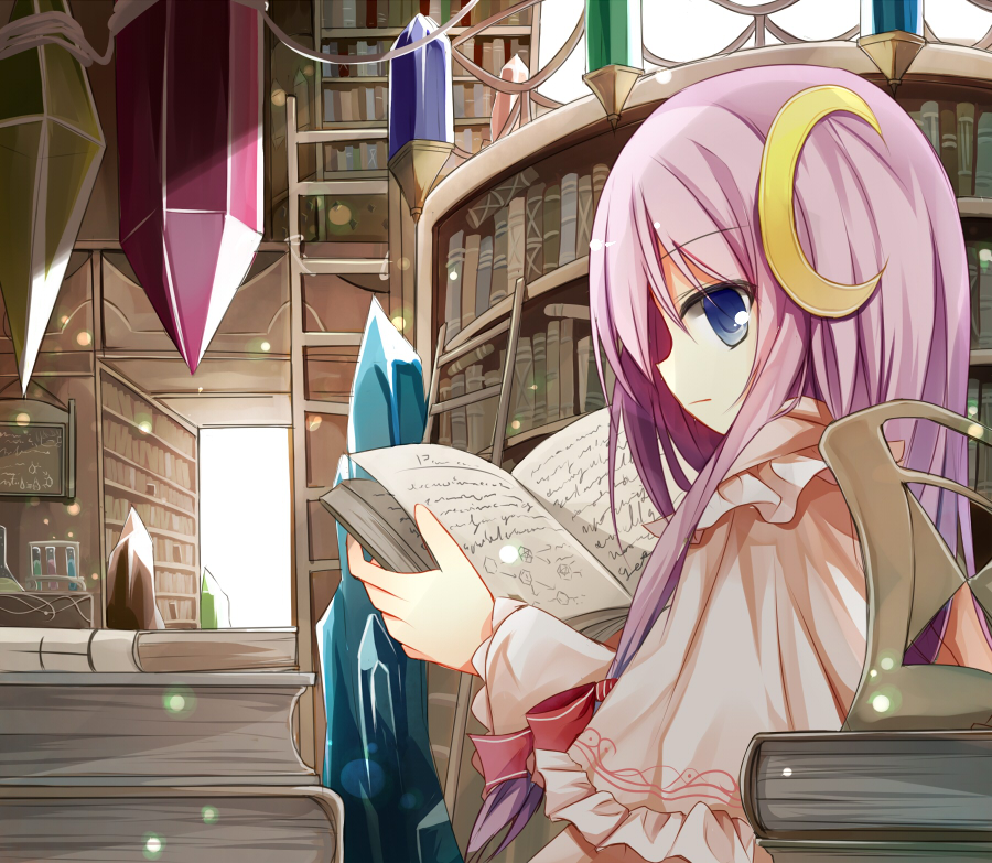 blue_eyes book capelet chair crescent crescent_hair_ornament crystal hair_ornament ladder library long_hair patchouli_knowledge purple_hair solo touhou yuuhagi_(amaretto-no-natsu)
