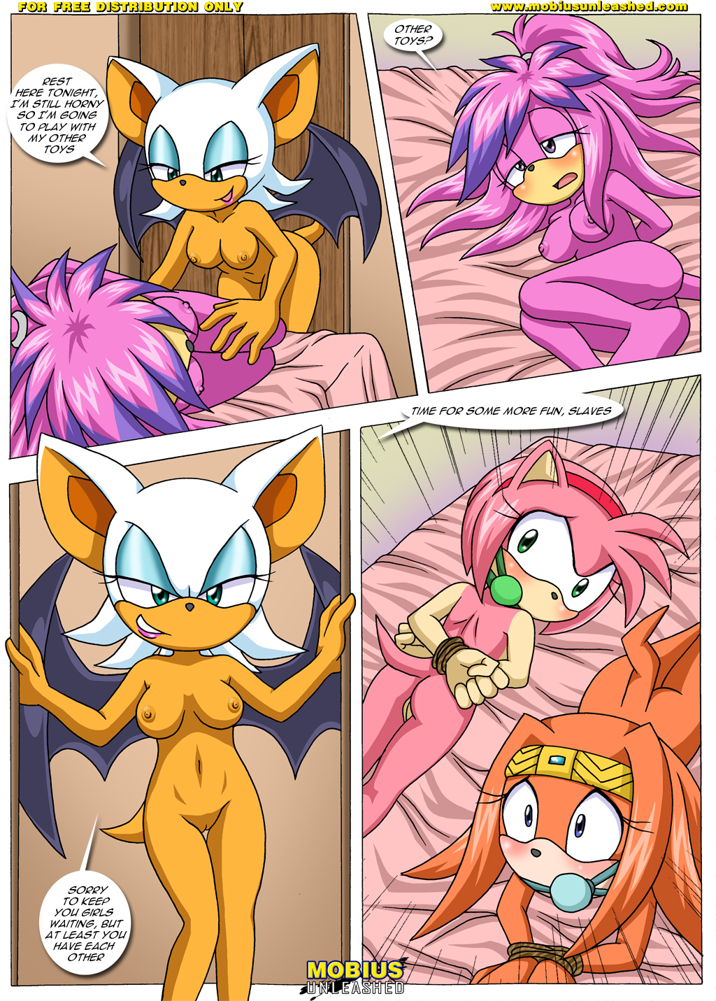 amy_rose anthro bound breasts comic dialog female forced gag julie-su lesbian mobius_unleashed nipples nude rape rouge_the_bat sega sonic_(series) text tikal_the_echidna