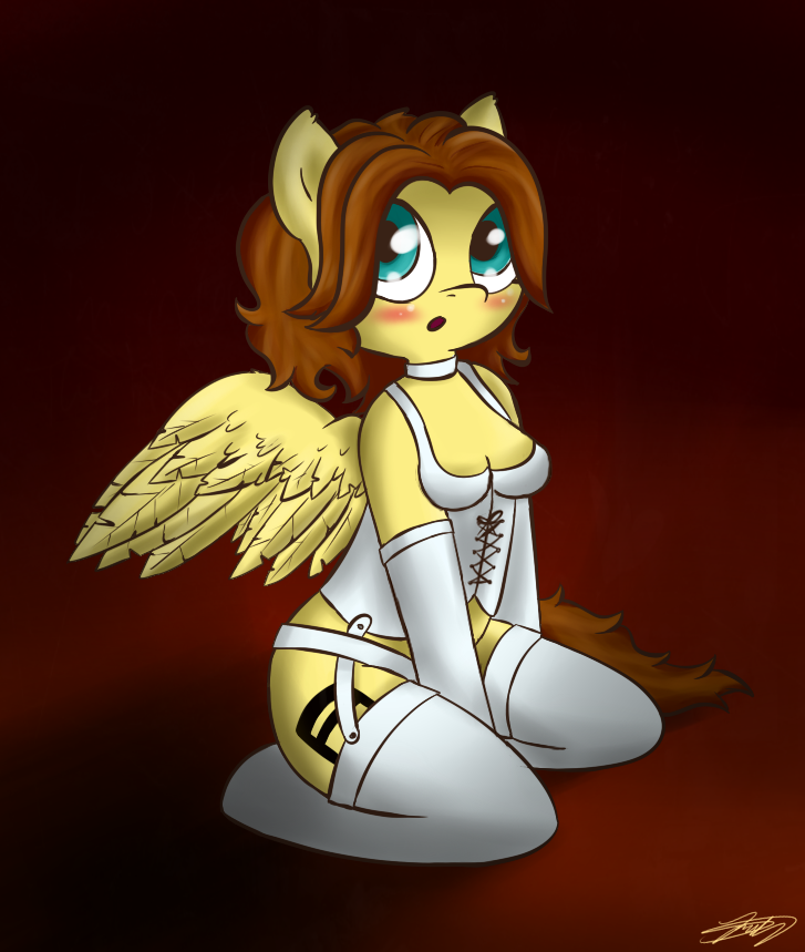 anthrofied blush breasts brown_hair bustier choker clothing cutie_mark cyan_eyes equine feathers female fur garter_straps hair horse legwear lingerie looking_at_viewer mammal my_little_pony open_mouth original_character panties pegasus pony signature simple_background solo stockings tongue underwear wide_hips wings yellow_fur zoul-okamitzu