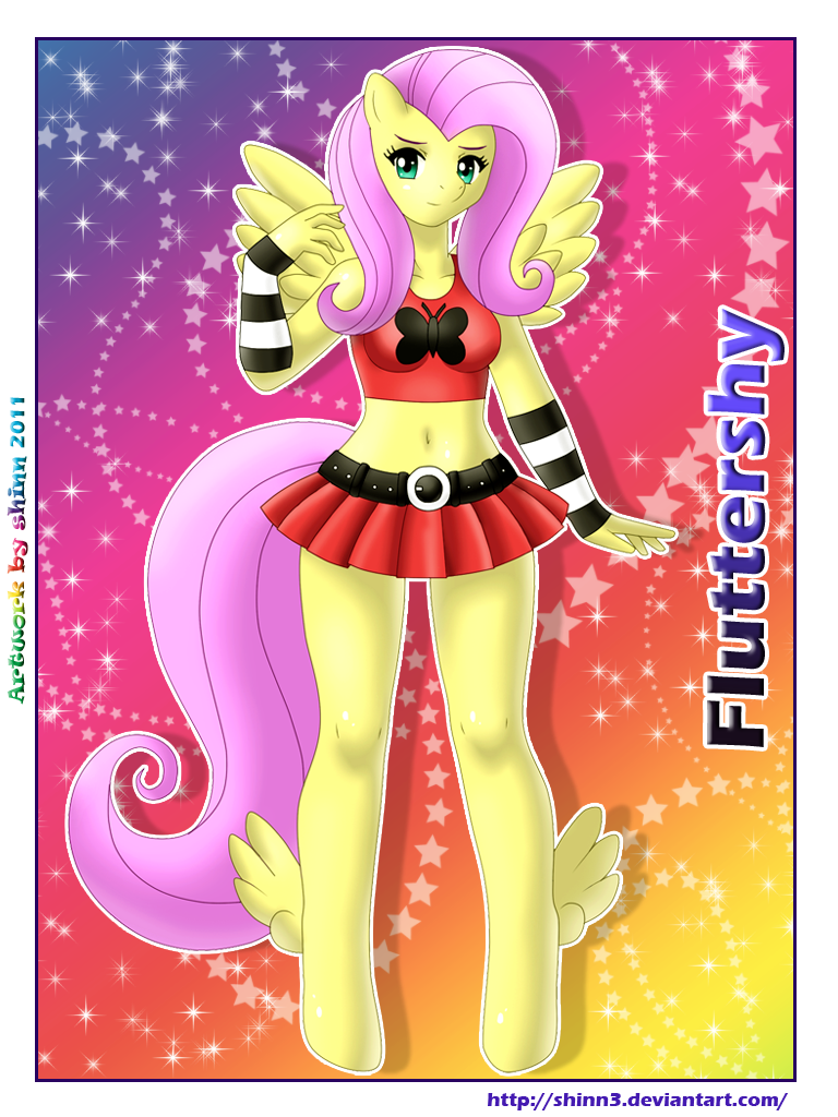 anthro anthrofied belt blue_eyes clothing english_text equine female fluttershy_(mlp) friendship_is_magic fur goth green_eyes hair horse long_hair looking_at_viewer mammal my_little_pony navel pegasus pink_hair pony shinn simple_background skirt smile sparkles text voluptuous wings yellow_fur