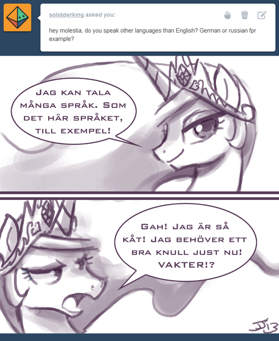 black_and_white comic crown dialog english_text equine female feral friendship_is_magic hair horn horse john_joseco long_hair looking_at_viewer mammal monochrome my_little_pony navel open_mouth plain_background pony princess princess_celestia_(mlp) royalty signature smile solo swedish_text text tiara tumblr unicorn white_background