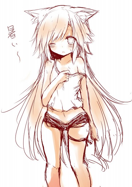 akane_(naomi) animal_ears blonde_hair blush child eye_closed fox_ears japanese long_hair looking_at_viewer monochrome naomi_(sekai_no_hate_no_kissaten) navel off_shoulder one_eye_closed open_mouth original short_shorts shorts simple_background sleeveless solo standing sweat text very_long_hair white_background wink