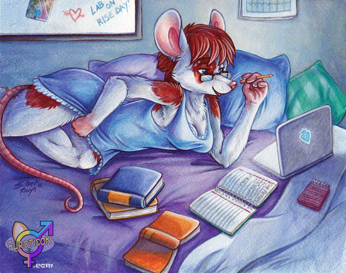 blue_eyes book breasts brown_hair calendar cleavage clothed clothing computer eyewear female furoticon glasses hair laptop mammal masturbation notebook pencil pillow rat rodent room silentravyn solo spectacles strawberry strawberry_(tcg) study tcg