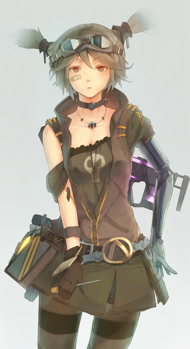 alternate_color bandaid bandaid_on_face borderlands borderlands_2 brown_eyes choker fikusipu gaige gloves goggles green_hair gun highres jewelry necklace pantyhose prosthesis solo striped striped_legwear twintails weapon