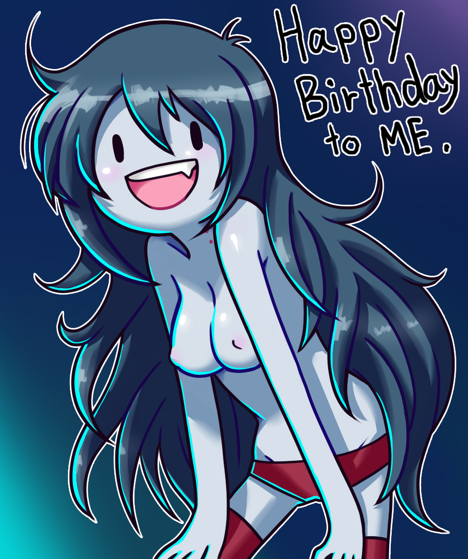 adventure_time black_hair breasts english_text female hair itimu long_hair looking_at_viewer marceline nipples open_mouth smile solo text topless undead underwear vampire