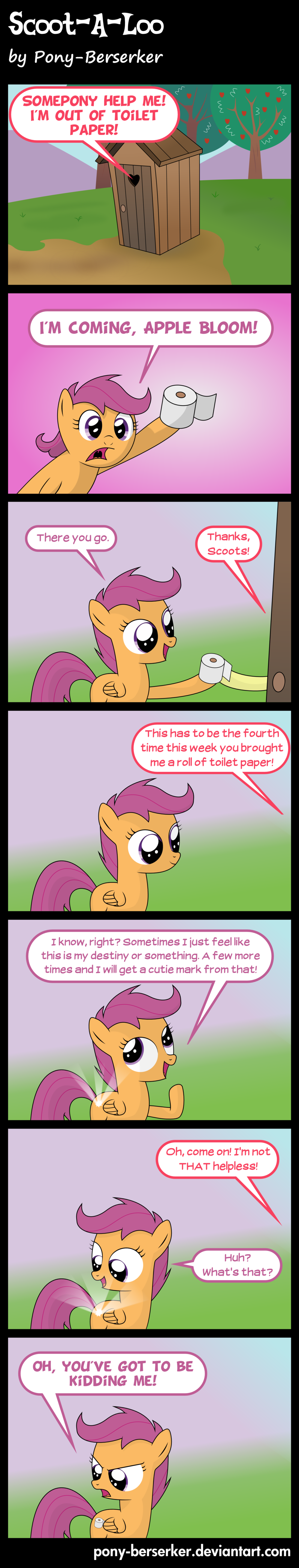 apple apple_bloom_(mlp) comic cub cutie_mark cutie_mark_crusaders_(mlp) dialog english_text equine female feral friendship_is_magic fruit grass hair horse humor leaves looking_at_viewer mountain my_little_pony open_mouth outside path pony pony-berserker purple_eyes purple_hair scootaloo_(mlp) sky smile standing text toilet toilet_paper tongue trail tree wings wood young