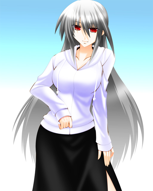 breasts engo_(aquawatery) gradient gradient_background hand_on_thigh large_breasts light_smile long_hair long_sleeves lyrical_nanoha mahou_shoujo_lyrical_nanoha mahou_shoujo_lyrical_nanoha_a's red_eyes reinforce silver_hair skirt solo sweater very_long_hair