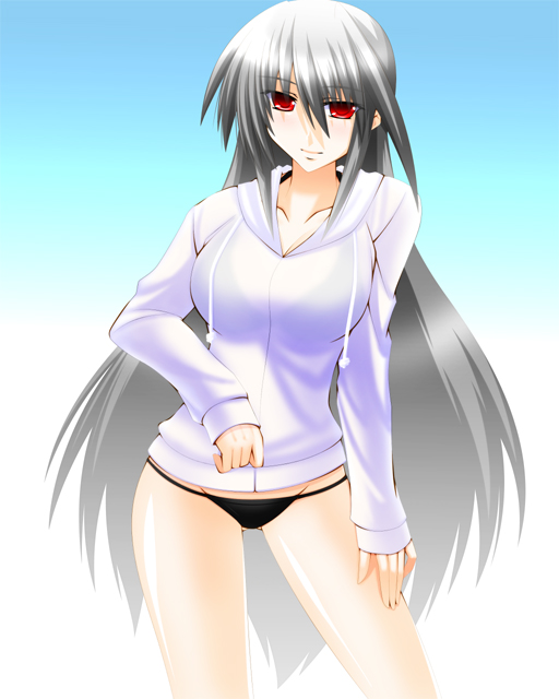 bikini_bottom breasts engo_(aquawatery) gradient gradient_background hand_on_thigh large_breasts light_smile long_hair long_sleeves lyrical_nanoha mahou_shoujo_lyrical_nanoha mahou_shoujo_lyrical_nanoha_a's red_eyes reinforce silver_hair solo sweater very_long_hair