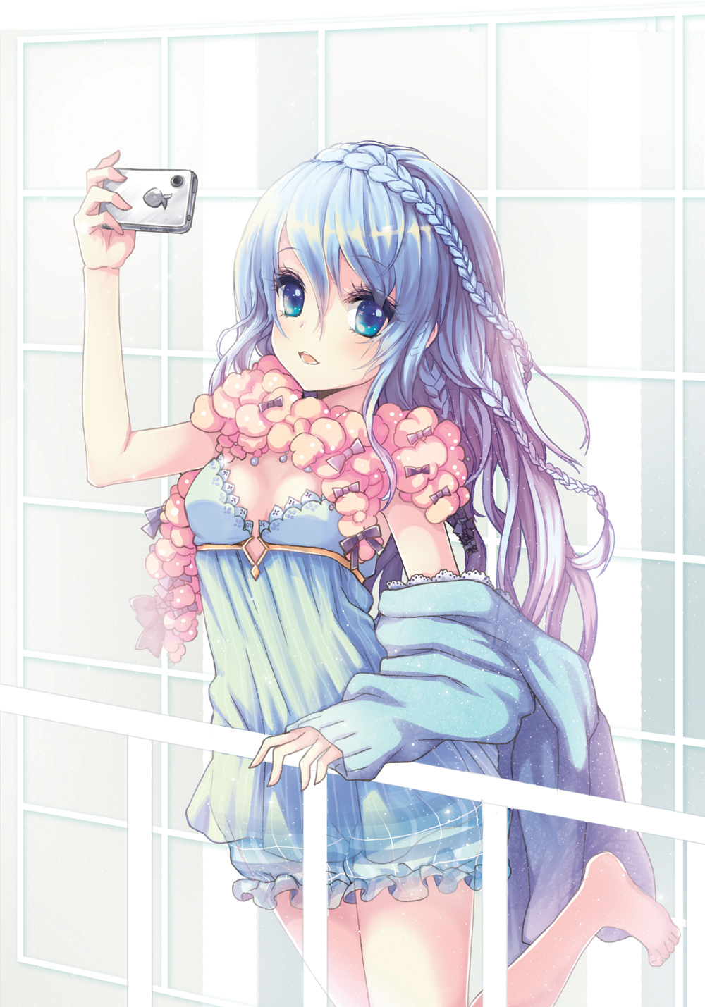:d balcony barefoot blue_eyes blue_hair blush braid breasts cellphone cleavage dress highres holding juke leg_up logo_parody open_mouth original outdoors phone railing scarf small_breasts smartphone smile standing standing_on_one_leg taking_picture tareme tile_wall tiles toes