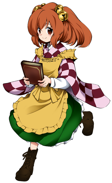apron bad_id bad_pixiv_id bell blush book boots checkered checkered_skirt clothes_writing fuantei hair_ornament long_sleeves motoori_kosuzu red_eyes red_hair short_hair skirt smile solo touhou