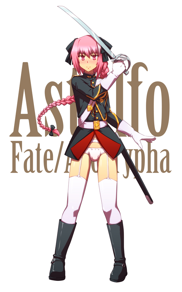 astolfo_(fate) boots bow braid bulge character_name copyright_name fate/apocrypha fate_(series) garter_belt gloves hair_bow hair_ribbon male_focus military military_uniform no_pants otoko_no_ko panties pink_eyes pink_hair ribbon single_braid smile sword thighhighs underwear uniform weapon white_gloves white_legwear white_panties wizs