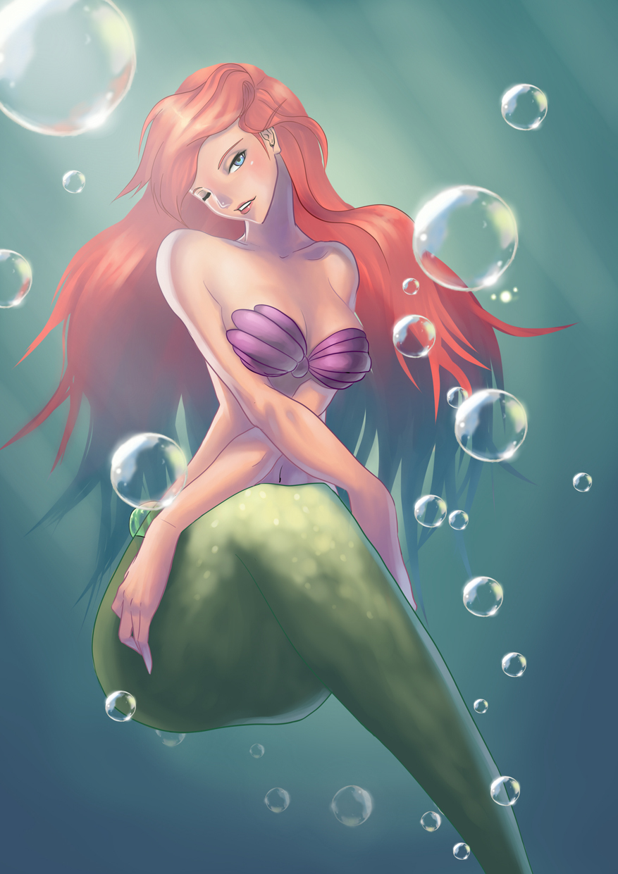 1girl ariel ariel_(disney) bra disney highres ikarisu_(shikomizue) lingerie mermaid monster_girl pixiv red_hair the_little_mermaid underwater underwear water