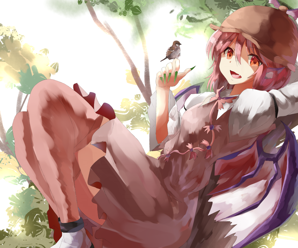 animal_ears bird dress eurasian_tree_sparrow fang forest hizagawa_rau looking_at_viewer mystia_lorelei nail_polish nature open_mouth pink_hair red_eyes short_hair solo sparrow thighhighs touhou wings