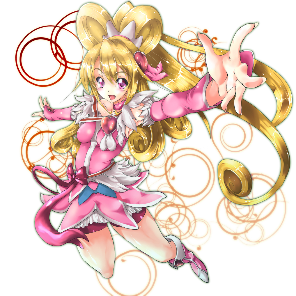 :d aida_mana arm_warmers asymmetrical_clothes bike_shorts blonde_hair boots bow breasts choker covered_nipples cure_heart curly_hair dokidoki!_precure elbow_gloves fingerless_gloves gloves hair_ornament half_updo heart heart_hair_ornament knee_boots koyama_takahiro long_hair looking_at_viewer magical_girl medium_breasts open_mouth pink_bow pink_eyes pink_footwear pink_skirt pink_sleeves ponytail precure ribbon shorts shorts_under_skirt skirt smile solo white_background