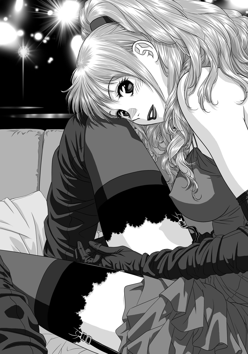 bare_shoulders blush breasts chair covered_nipples elbow_gloves garter_straps garters gloves greyscale hanabusu_arisu highres kagosaka_mahiro knee_up large_breasts lights lips long_hair looking_at_viewer monochrome my_doll_house newhalf otoko_no_ko ponytail sitting smile solo table thighhighs wig yui_toshiki zettai_ryouiki