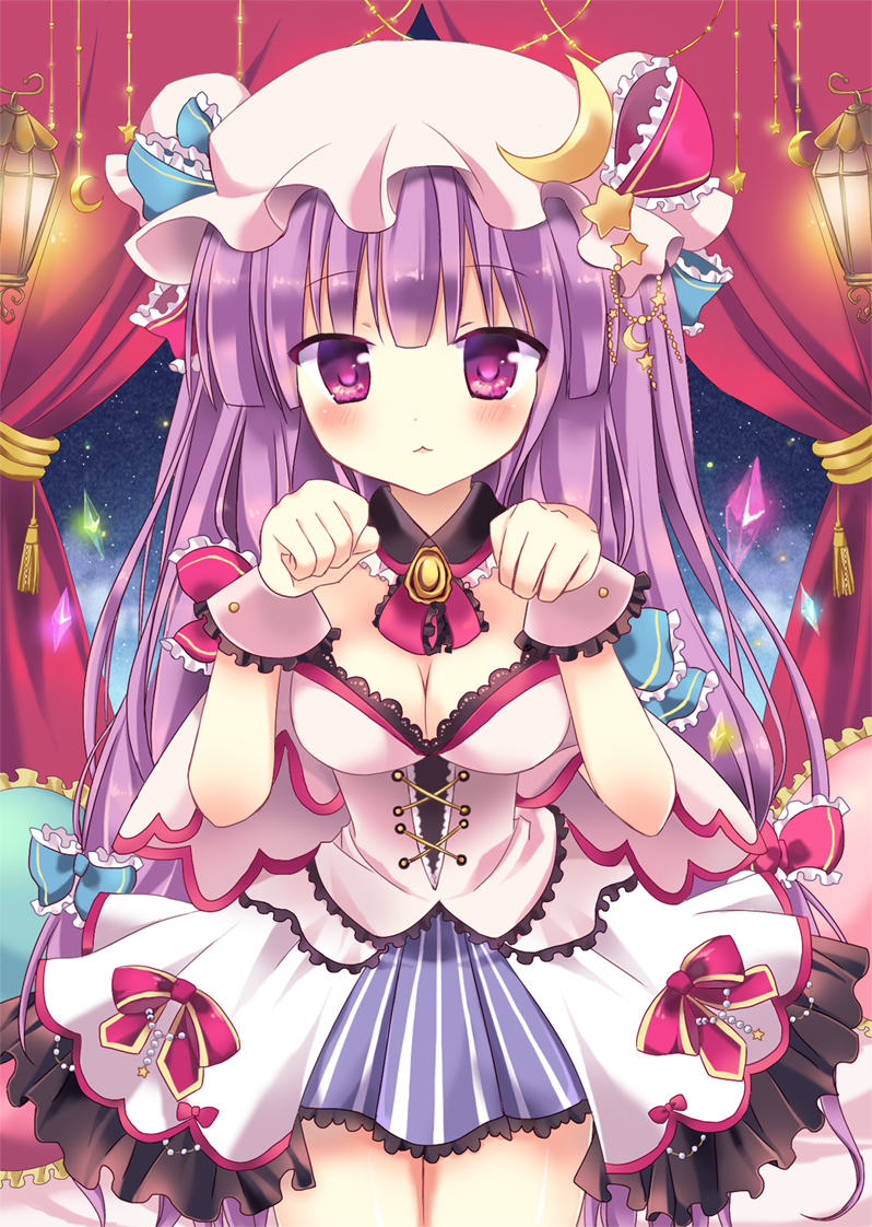 :3 alternate_costume breasts brooch choker cleavage corset crescent curtains cushion dress hat jewelry long_hair mayo_(miyusa) medium_breasts patchouli_knowledge paw_pose purple_eyes purple_hair ribbon solo star touhou