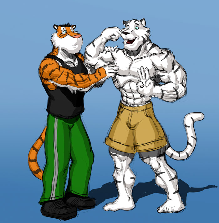 anthro biceps claws clothed clothing codyvfrost feline flexing fur grope hair male mammal muscles paws pecs pose shirt shorts striped_clothing stripes tank_top tiger toned topless white_tiger