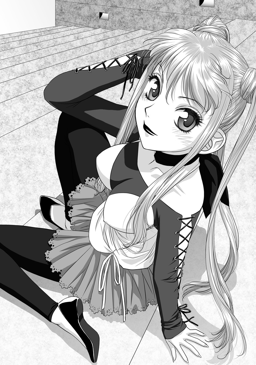 arm_support bandana bare_shoulders blush breasts from_behind greyscale hanabusu_arisu highres impossible_clothes impossible_shirt kagosaka_mahiro leggings lips long_hair looking_at_viewer looking_back medium_breasts monochrome my_doll_house newhalf otoko_no_ko shirt sitting smile solo wig yui_toshiki