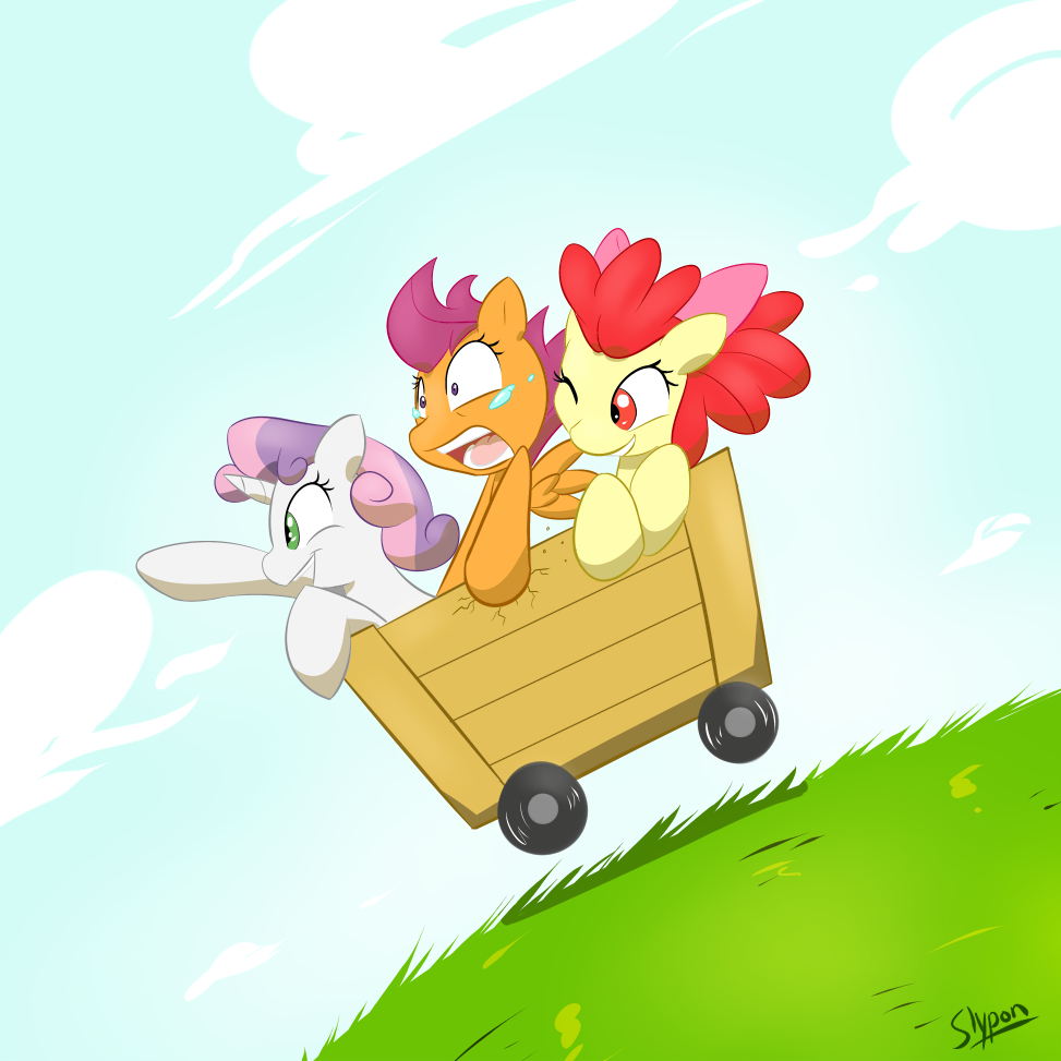 apple_bloom_(mlp) cart cloud clouds cub cutie_mark_crusaders_(mlp) equine female feral friendship_is_magic grass green_eyes hair horn horse mammal my_little_pony outside pegasus pink_hair pony purple_eyes purple_hair red_eyes red_hair scared scootaloo_(mlp) sky slypon sweetie_belle_(mlp) two_tone_hair unicorn wings young