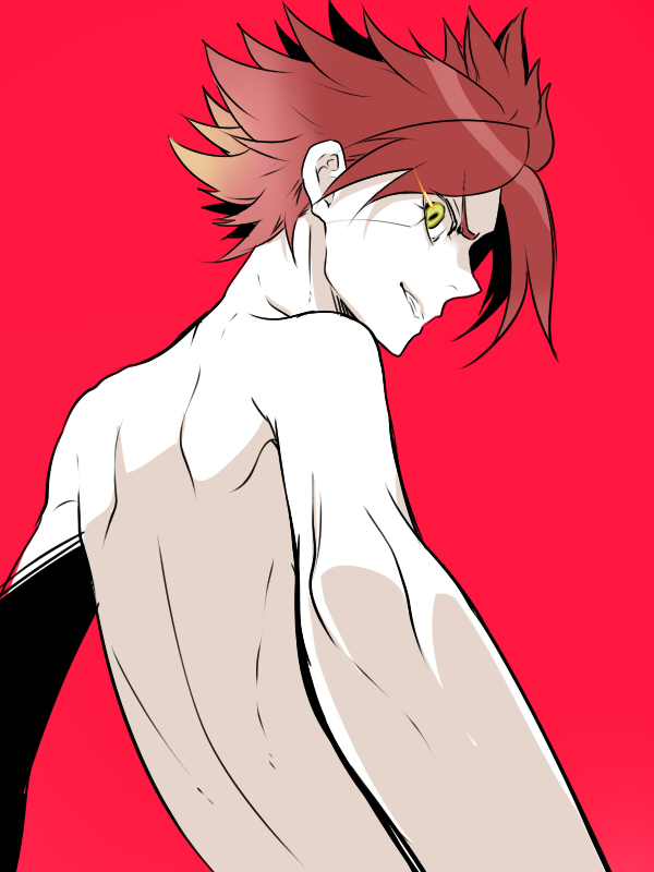 bad_id bad_pixiv_id from_behind green_eyes inazuma_eleven inazuma_eleven_(series) male_focus nagumo_haruya pale_skin red_background red_hair shirtless simple_background solo zuwai_kani