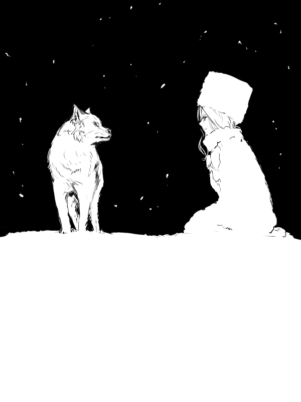 animal bad_id bad_pixiv_id black_background character_request coat copyright_request from_side greyscale hat monochrome profile seiza simple_background sitting white winter wolf zuwai_kani