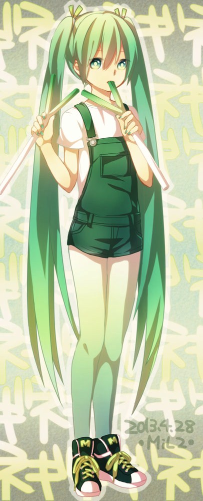 2013 dated eating gradient_legwear green_eyes green_hair hatsune_miku long_hair mil2 overalls pantyhose shoes sneakers solo spring_onion suspenders twintails very_long_hair vocaloid