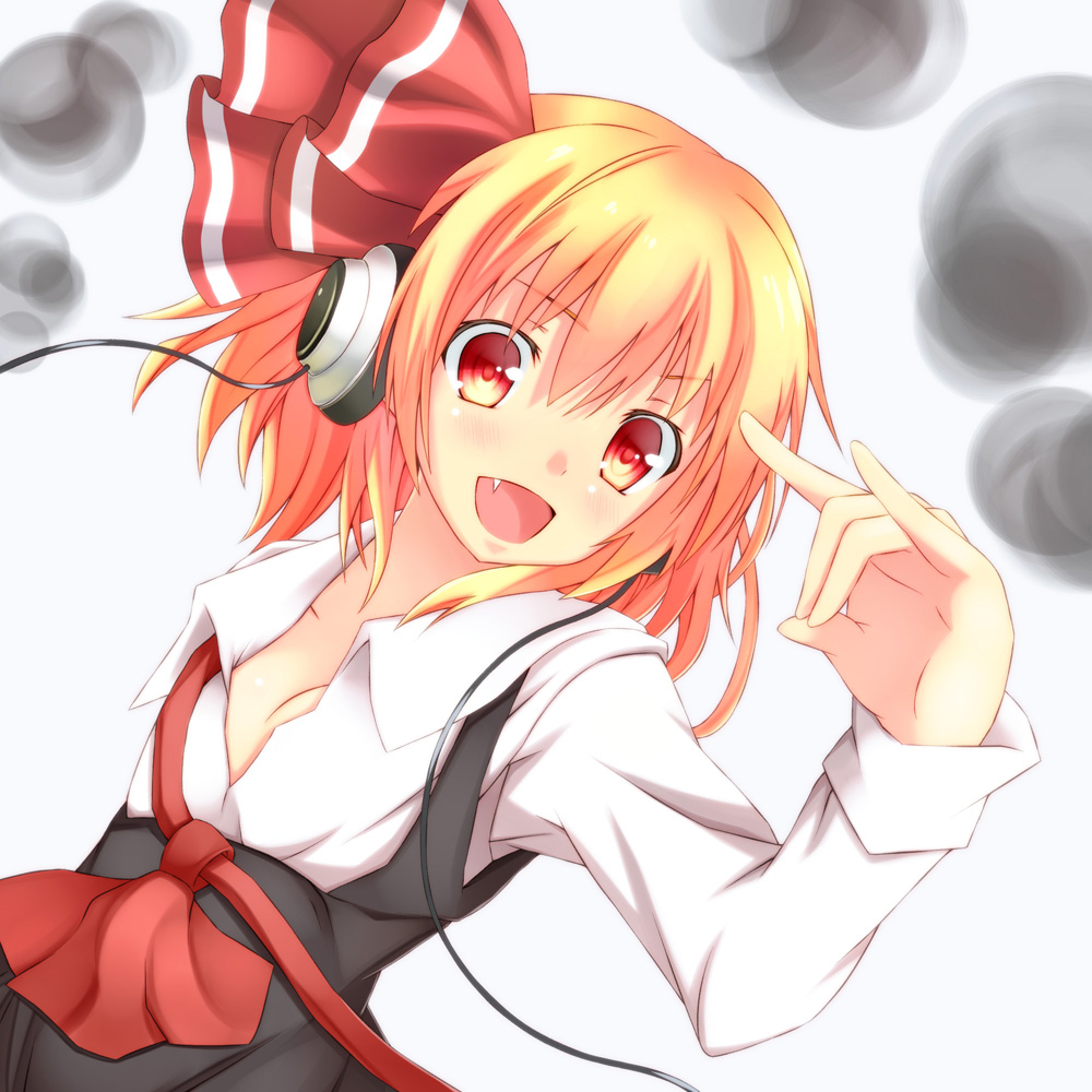 :d \m/ bad_id bad_pixiv_id blonde_hair blush fang gennsuikyou hair_ribbon headphones long_sleeves open_clothes open_mouth open_shirt red_eyes ribbon rumia shirt short_hair smile solo touhou undone