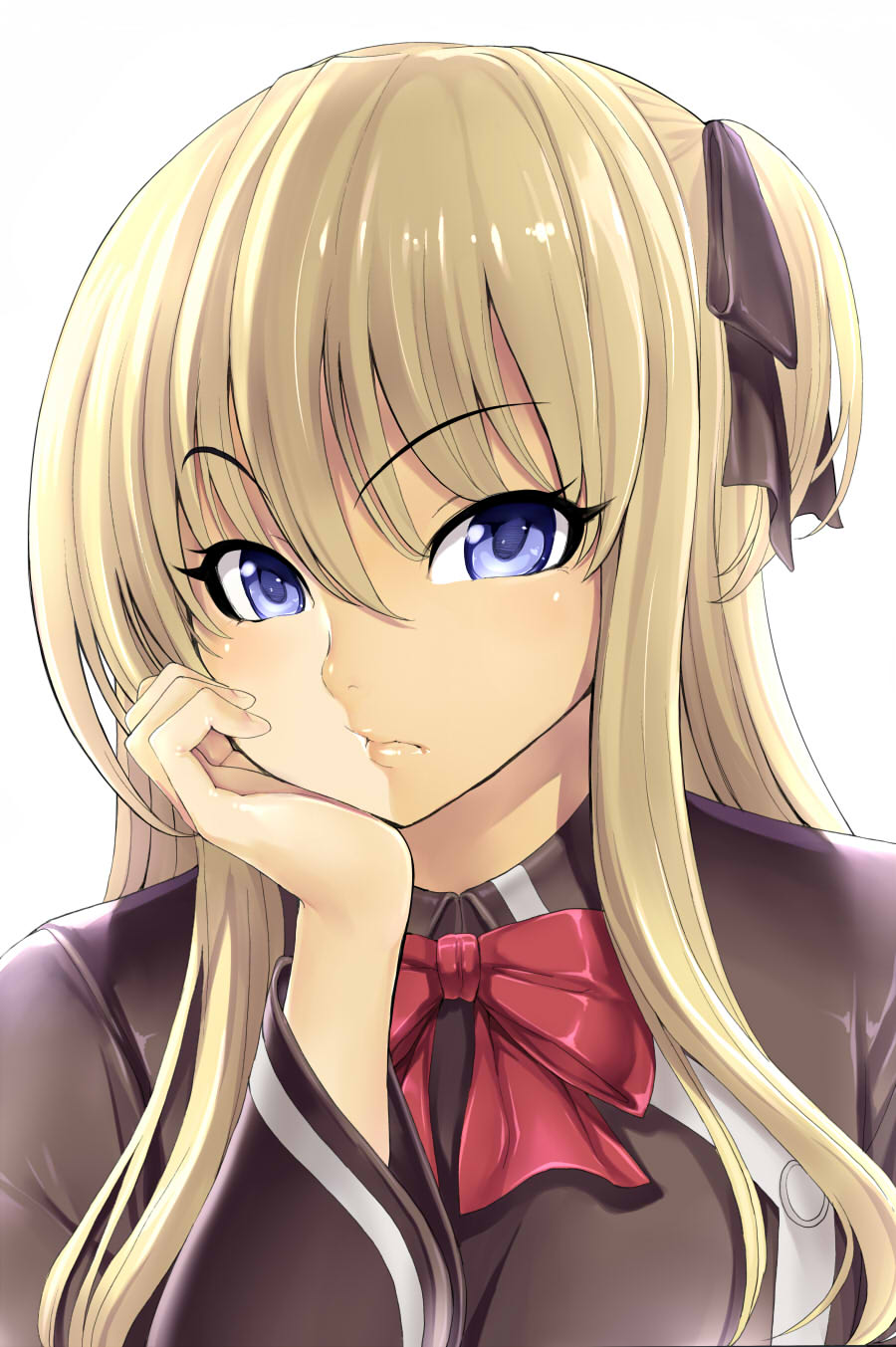 blonde_hair blue_eyes face hair_ribbon hakaba_(dairiseki) highres jpeg_artifacts lips long_hair looking_at_viewer nose quiz_magic_academy ribbon shalon simple_background solo white_background