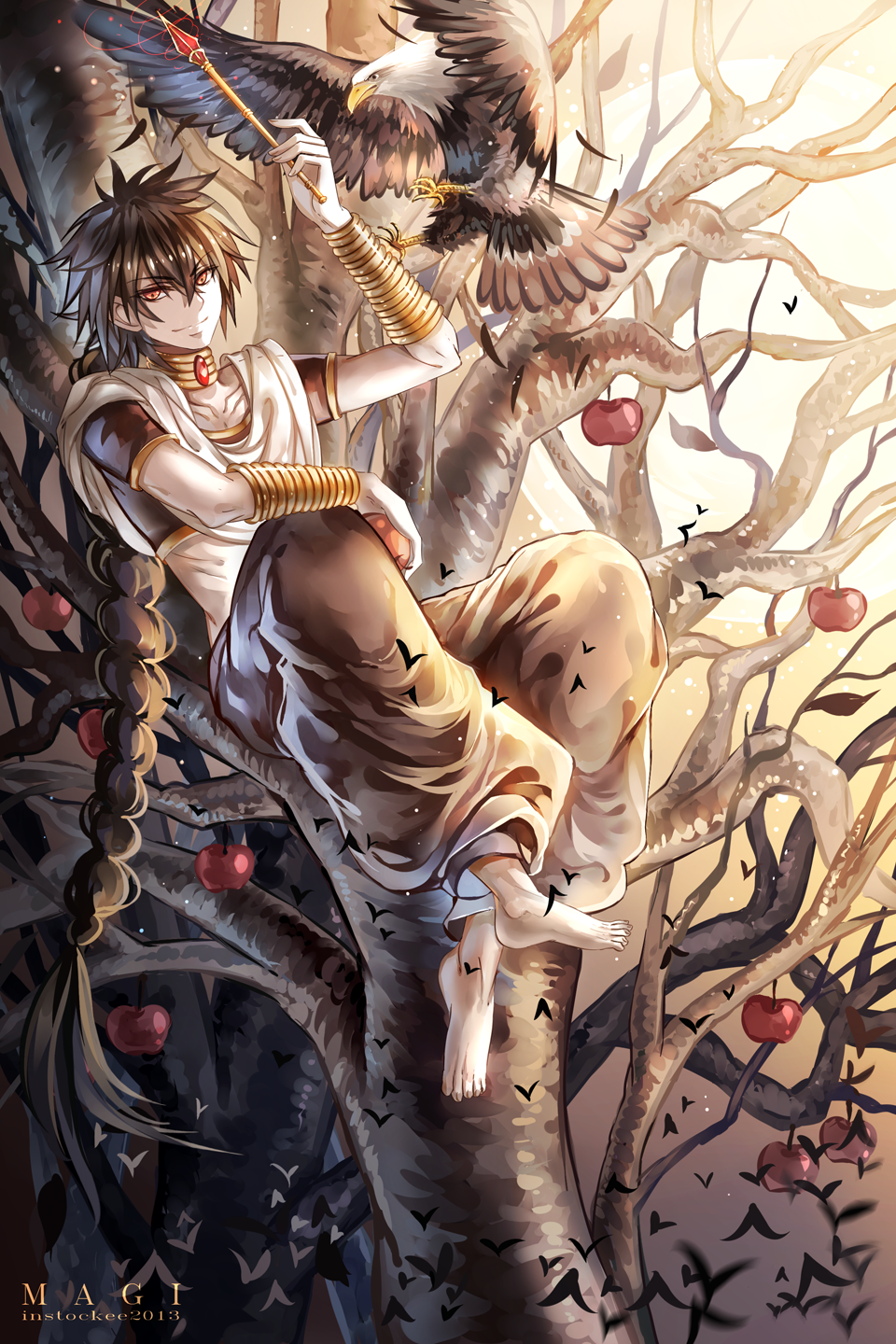 barefoot bird black_hair braid eagle food fruit highres instocklee jewelry judal long_hair magi_the_labyrinth_of_magic male_focus midriff red_eyes sitting smile solo tree wand