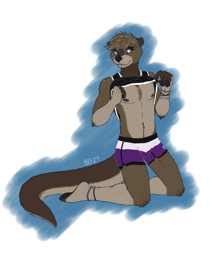 biting_lip blue_eyes bracelet chest_tuft clothed clothing cuntboy fur intersex jewelry kneeling mammal mustelid nipples otter pawpads sarvix shirt shirt_lift simple_background solo swim_trunks tuft underwear undressing