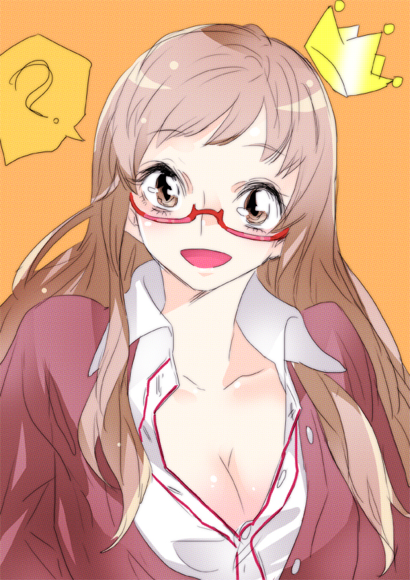 ? ano_fuji breasts brown_eyes brown_hair cleavage glasses large_breasts long_hair looking_at_viewer okujou_no_yurirei-san open_mouth orange_background red-framed_eyewear simple_background smile solo tima