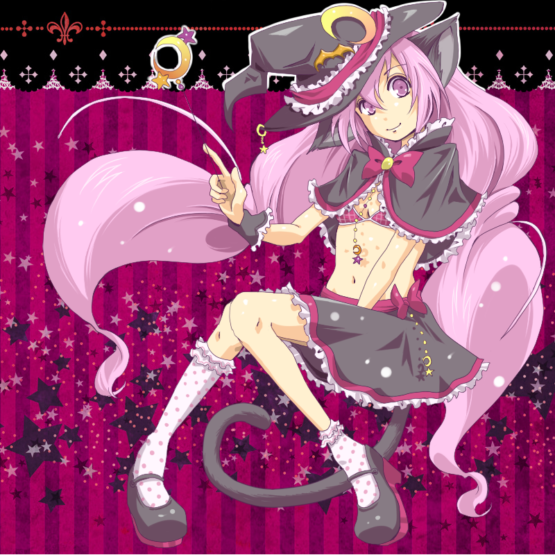 alternate_costume animal_ears bat bow cure_happy hair_ornament hat hoshizora_miyuki jewelry kasetsu long_hair magical_girl moon pink_background pink_bow pink_eyes pink_hair precure ribbon shoes skirt smile_precure! socks solo star tail twintails very_long_hair witch witch_hat wrist_cuffs