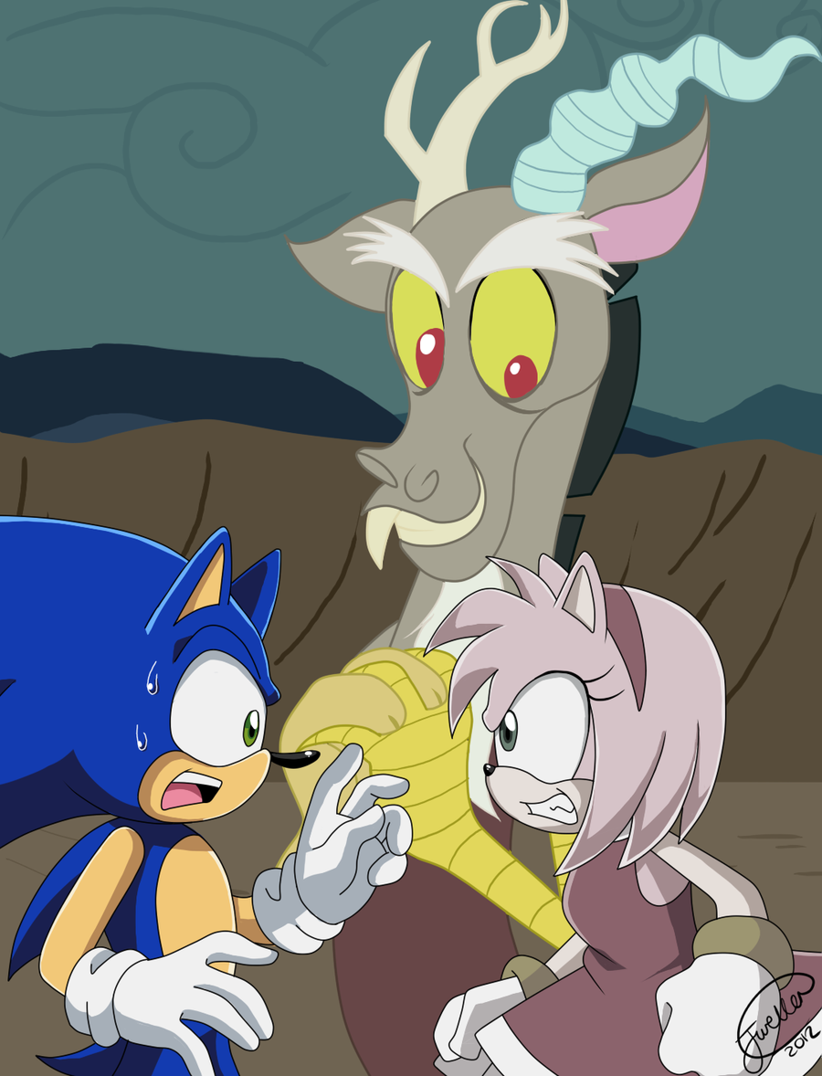 2013 amy_rose angry antlers blue_hair bracelet crossover discord_(mlp) draconequus familyof6 fangs female friendship_is_magic gloves green_eyes hair hedgehog horn jewelry male my_little_pony open_mouth pink_hair red_eyes sega smile sonic_(series) sonic_the_hedgehog