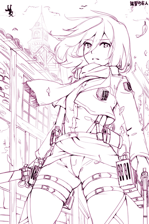 breasts cropped_jacket dual_wielding emblem holding leaf lineart magister_(medical_whiskey) mikasa_ackerman monochrome pants paradis_military_uniform scarf shingeki_no_kyojin short_hair small_breasts solo survey_corps_(emblem) thigh_strap three-dimensional_maneuver_gear weapon wind