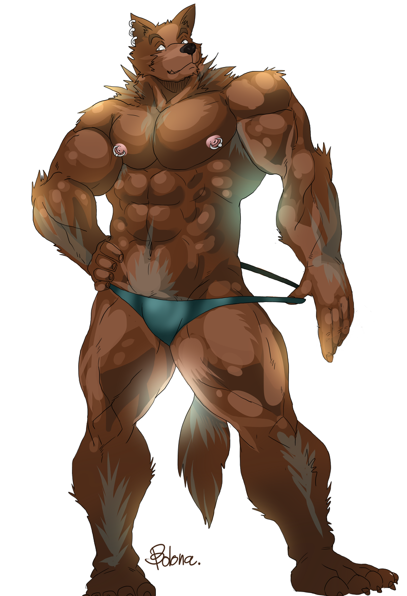anthro biceps big_muscles black_nose brown brown_fur canine dog fur male mammal muscles nutsumes_(pixiv) pecs piercing plain_background pose solo speedo swimsuit topless trunks underwear white_background