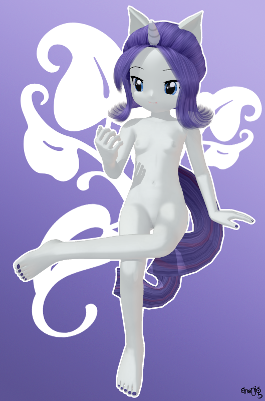 3d anonjg anthro anthrofied blue_eyes breasts child cub female friendship_is_magic hair horn human humanized looking_at_self mammal my_little_pony nail_polish navel nipples poser purple_hair pussy rarity_(mlp) signature simple_background smile solo young