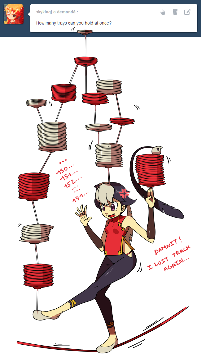 a-pinnari anger_vein animal animal_on_head balancing bare_shoulders bird bird_on_head black_hair breasts capri_pants chinese_clothes feathers feng_(skullgirls) flats full_body multicolored_hair on_head pants purple_eyes short_hair skullgirls small_breasts solo standing standing_on_one_leg tightrope transparent_background tray tumblr two-tone_hair vambraces white_hair