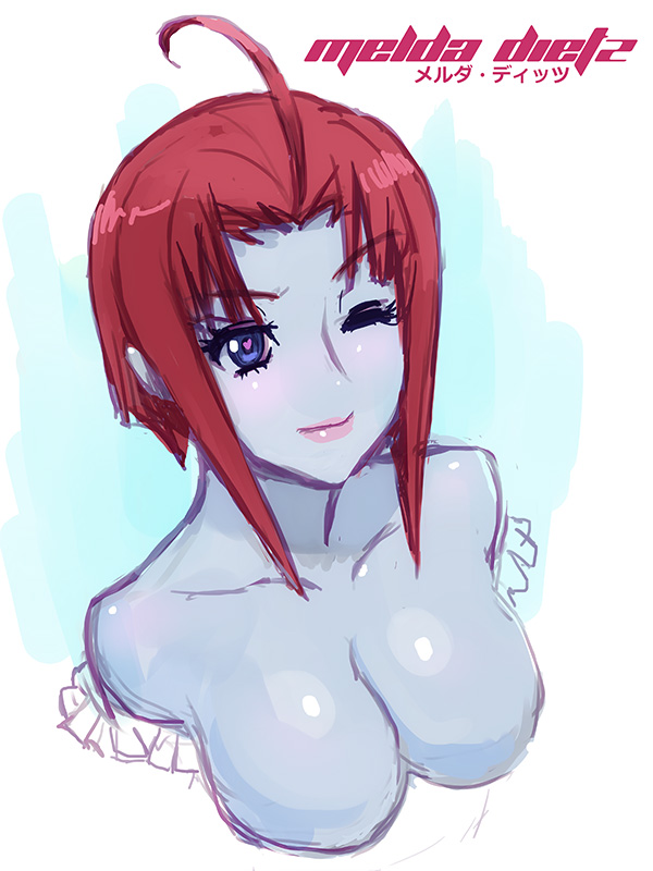 ;) ahoge bare_shoulders blue_eyes blue_skin breasts cleavage gamilas heart heart-shaped_pupils large_breasts lips melda_deitz one_eye_closed red_hair short_hair smile solo symbol-shaped_pupils uchuu_senkan_yamato uchuu_senkan_yamato_2199 upper_body zero_hime
