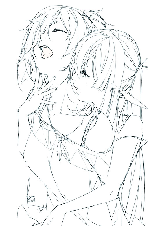 bare_shoulders closed_eyes collarbone greyscale hair_over_one_eye hug hug_from_behind jewelry kyo_(kuroichigo) lineart long_hair monochrome multiple_girls necklace off_shoulder open_mouth original pointy_ears signature sketch yuri