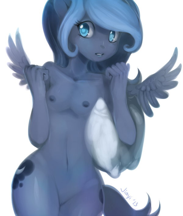 anthro anthrofied blue_eyes blue_hair breasts cutie_mark equine female flat_chested friendship_is_magic green_eyes hair horse human humanized jiayi looking_at_viewer mammal my_little_pony navel nipples nude pegasus pillow plain_background pony princess_luna_(mlp) pussy royalty small_breasts solo standing white_background wings