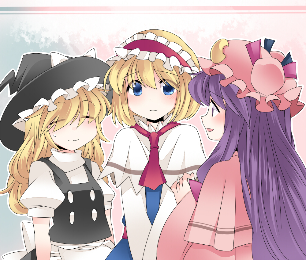 :3 =_= alice_margatroid ascot bad_id bad_pixiv_id blonde_hair blue_eyes blush bow commentary crescent hair_bow hairband hammer_(sunset_beach) hat kirisame_marisa long_hair multiple_girls patchouli_knowledge purple_eyes purple_hair short_hair smile touhou witch_hat